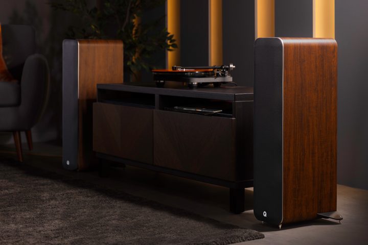 Q Acoustics M40 powered micro-tower wireless audio system in walnut.
