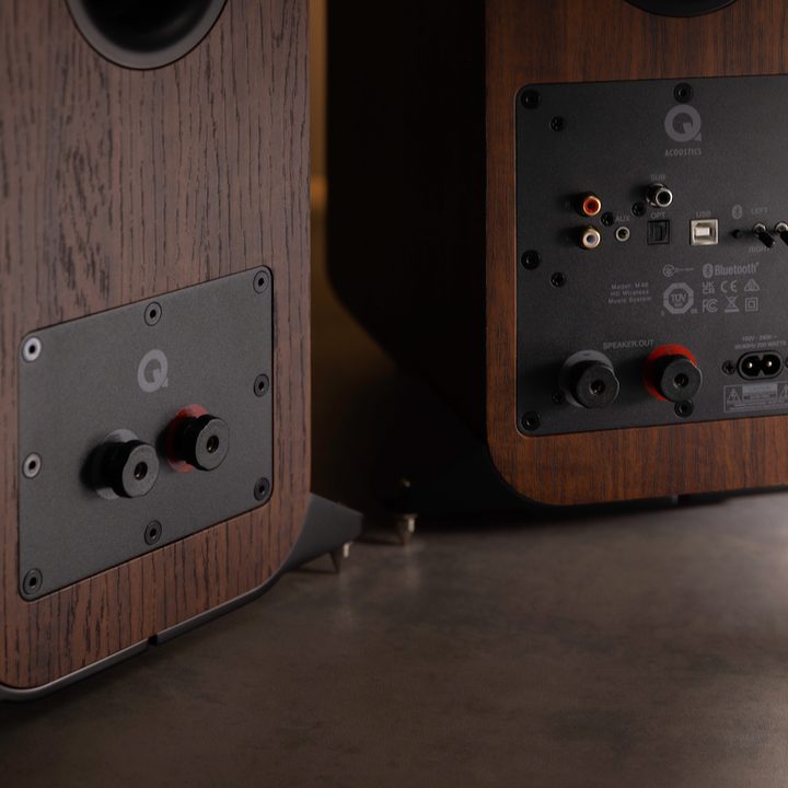 The back of the Q Acoustics M40 powered micro-tower wireless audio system.