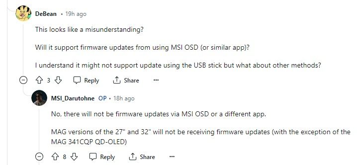 A screenshot from Reddit talking about MSI monitors.