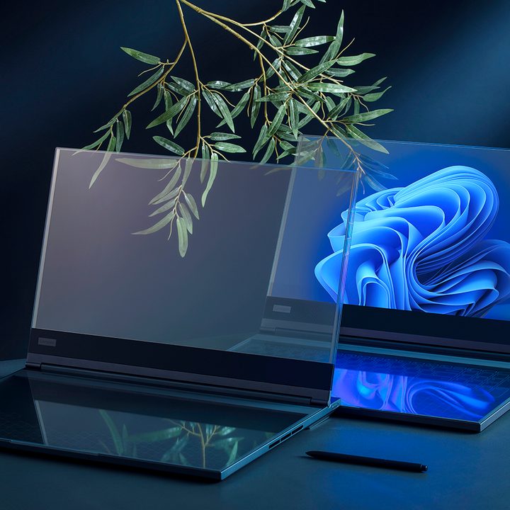 A rendering of Lenovo's transparent laptop, showing the see-through screen.