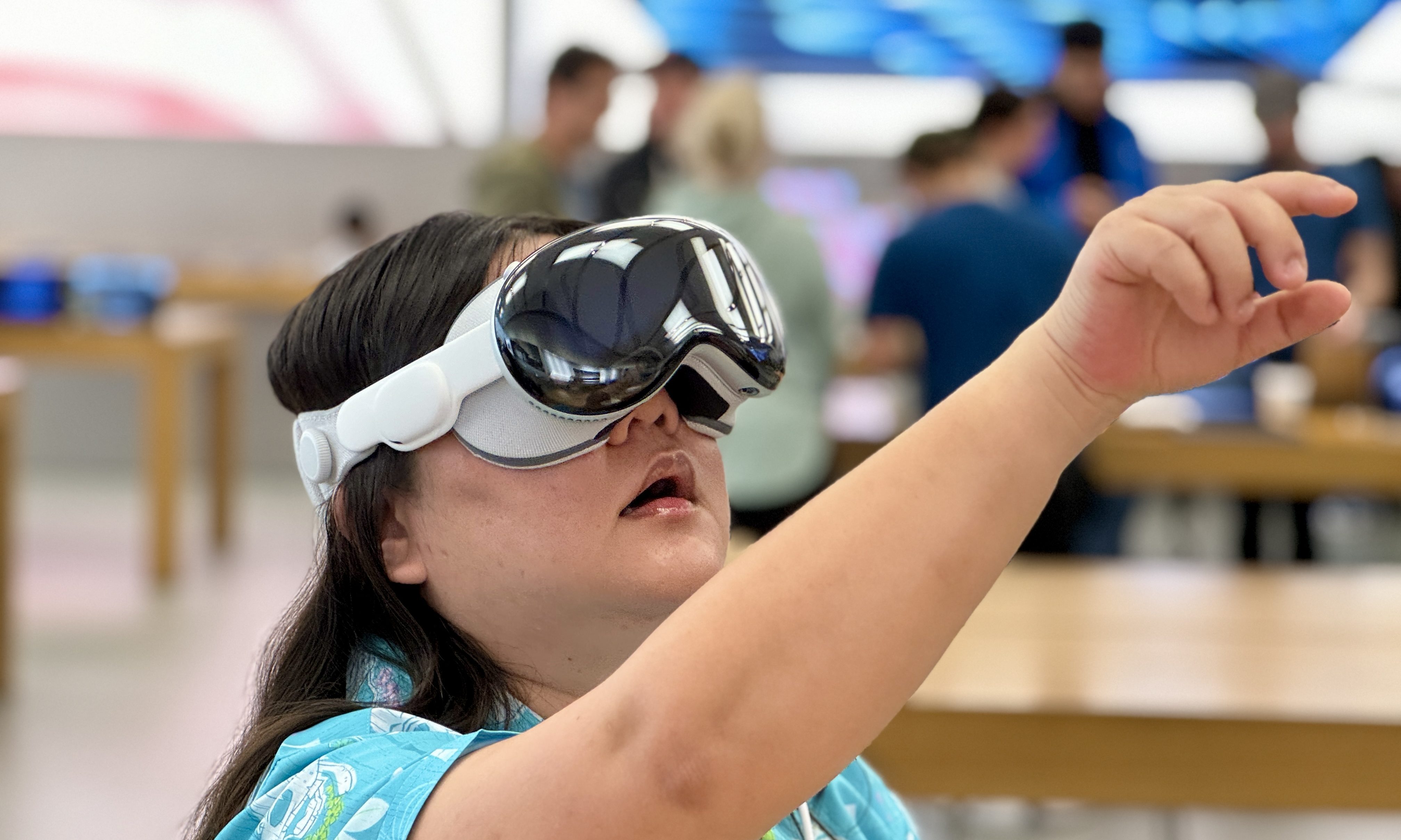Christine wearing the Apple Vision Pro demo unit.