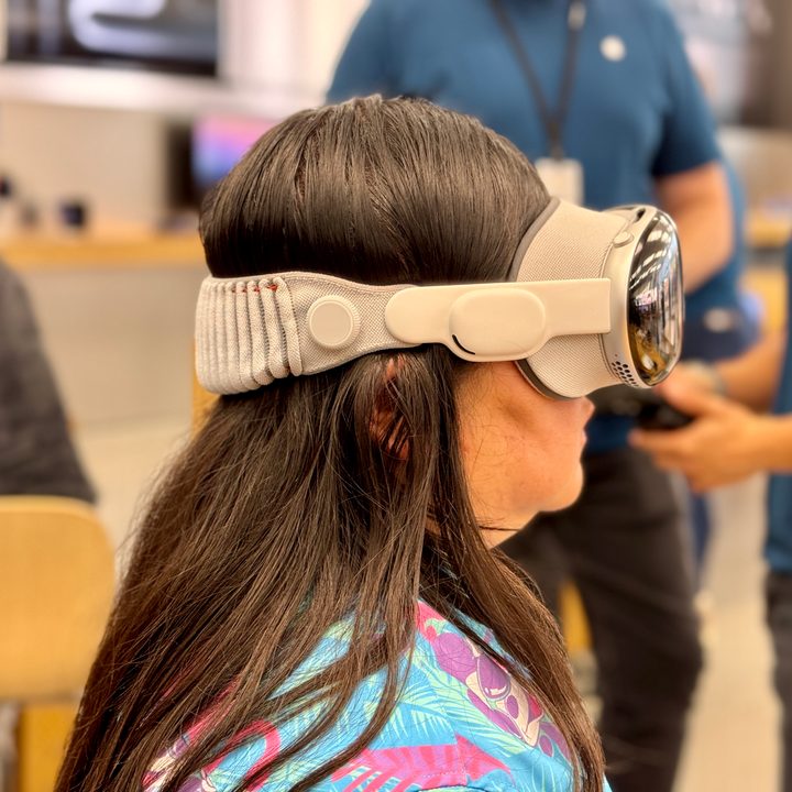 Christine wearing the Apple Vision Pro demo unit.