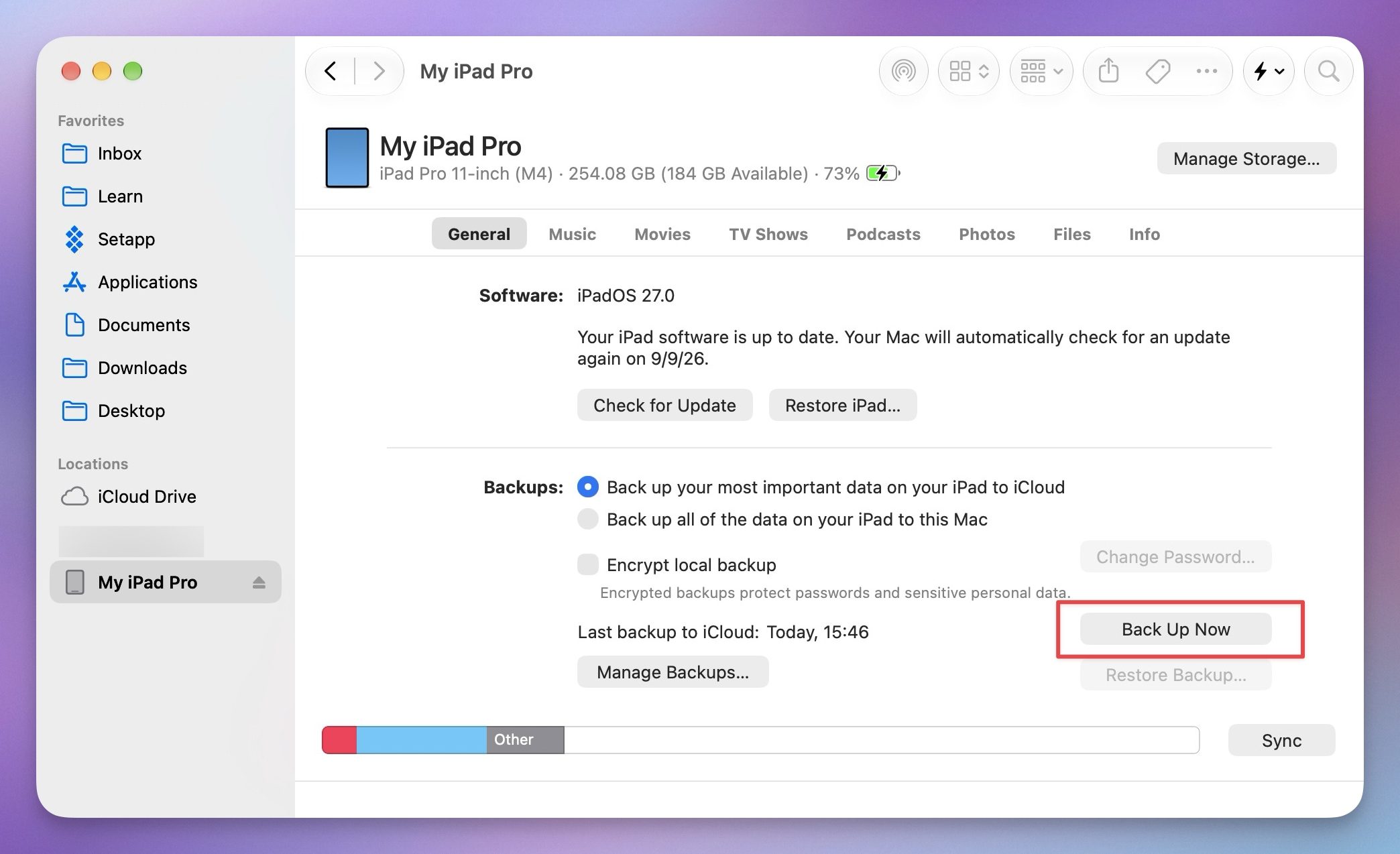 backing up iPad Pro using Mac Finder