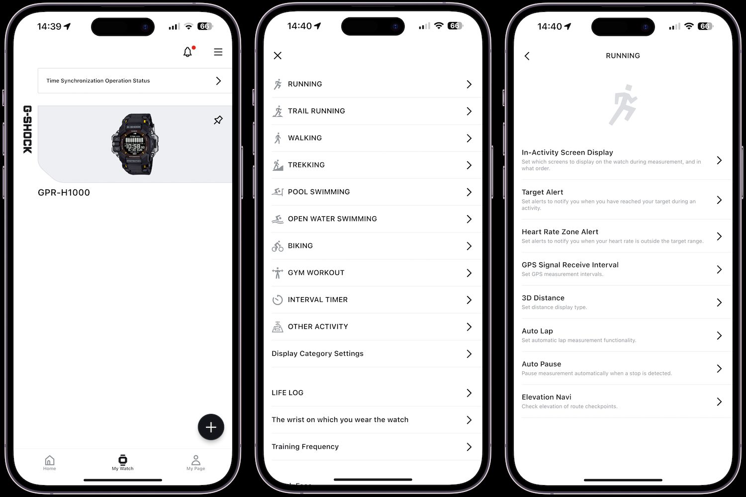 Screenshots taken from the Casio Watches app, connected to the Casio G-Shock GPR-H1000 Rangeman.