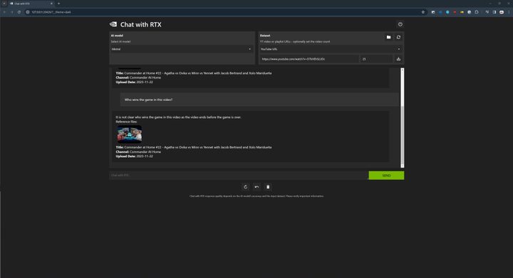Chat with RTX answering a question about a YouTube video.