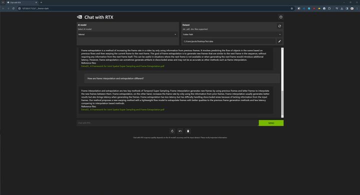 Chat with RTX answering a question about frame interpolation.