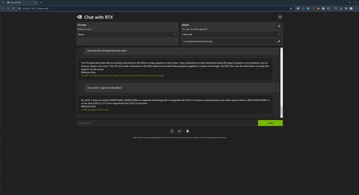 Chat with RTX answering a question about Nvidia Reflex.