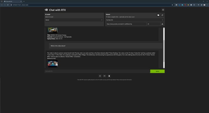 Chat with RTX answering a question about a YouTube video.