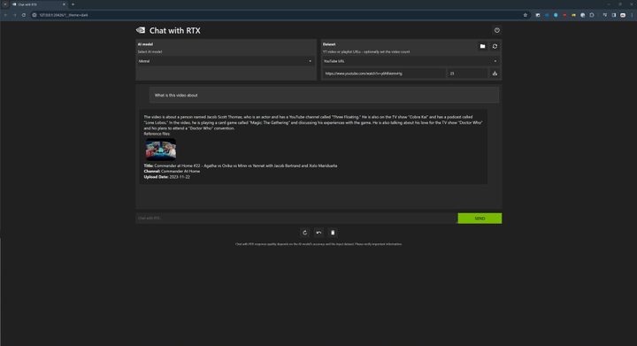 Chat with RTX answering a question about a YouTube video.
