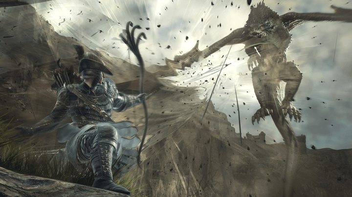 An archer fires a shot at a dragon in Dragon's Dogma 2.