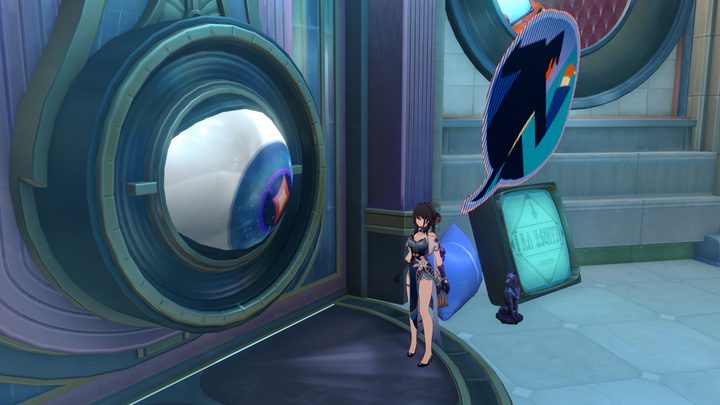 Dr. Edward giant blue eyeball looking at woman in blue-green dress Ruan Mei