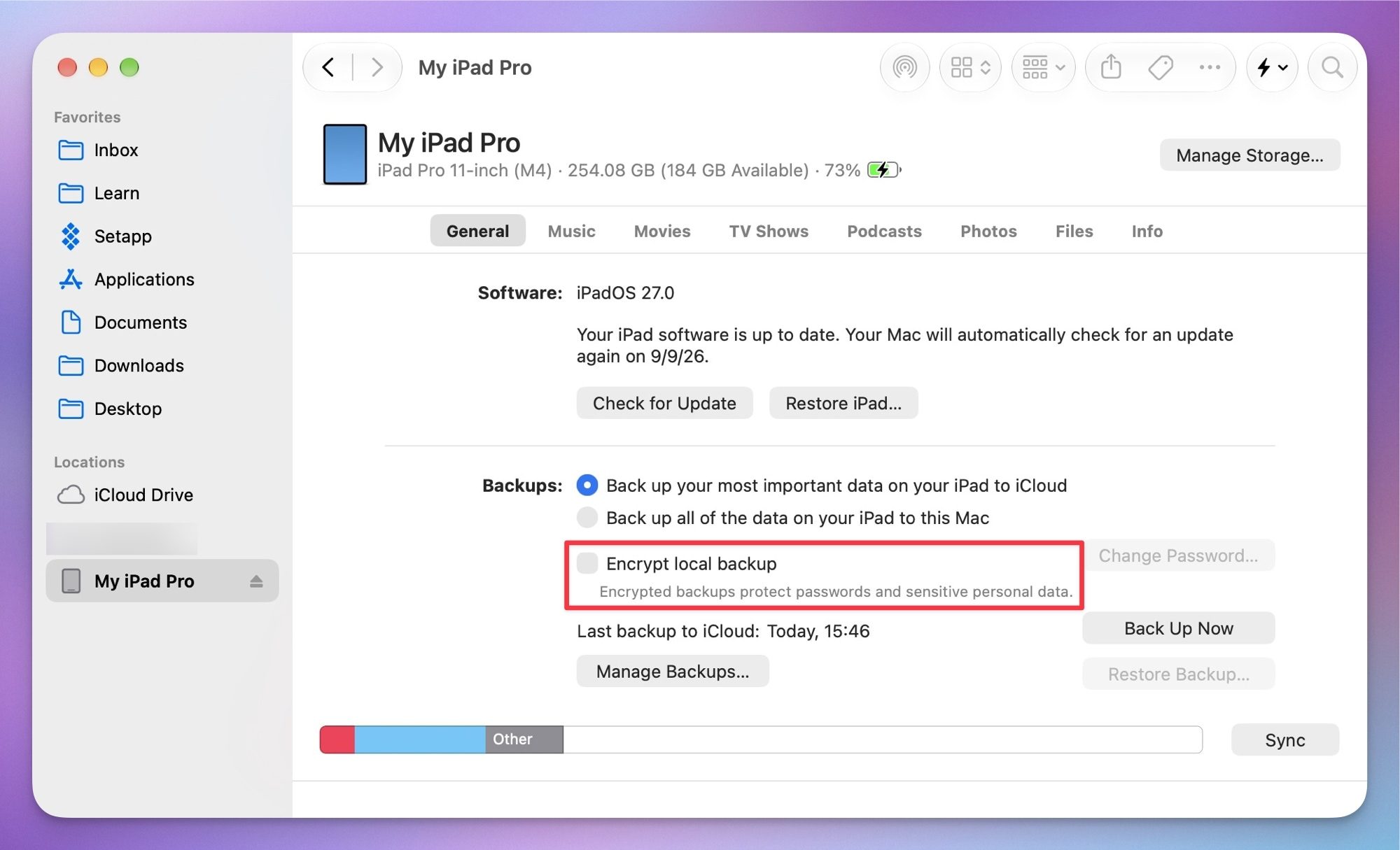 encrypting iPad Pro backup using Mac Finder copy