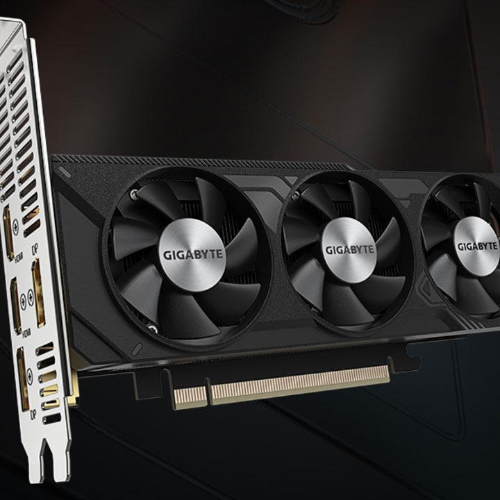 The Gigabyte RTX 4060 low profile graphics card on a black background.