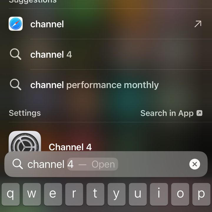 Searching for Channel 4 in Spotlight Search.