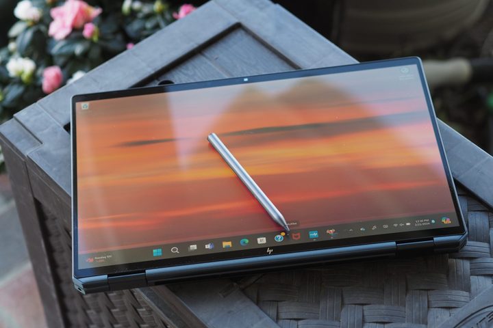 HP Spectre x360 16 2024 top down view showing tablet mode and pen.