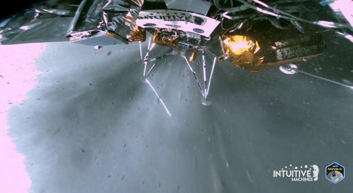 This image retrieved from the lander on February 27 captures Odysseus’ landing strut duringlanding on February 22nd performing its primary task, absorbing first contact with the lunar surface. Meanwhile, the lander’s liquid methane and liquid oxygen engine is still throttling, which provided stability. The Company believes the two insights captured in this image enabled Odysseus to gently lean into the lunar surface, preserving the ability to return scientific data.