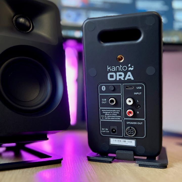 The back and inputs of the Kanto Ora Reference Desktop Speakers.