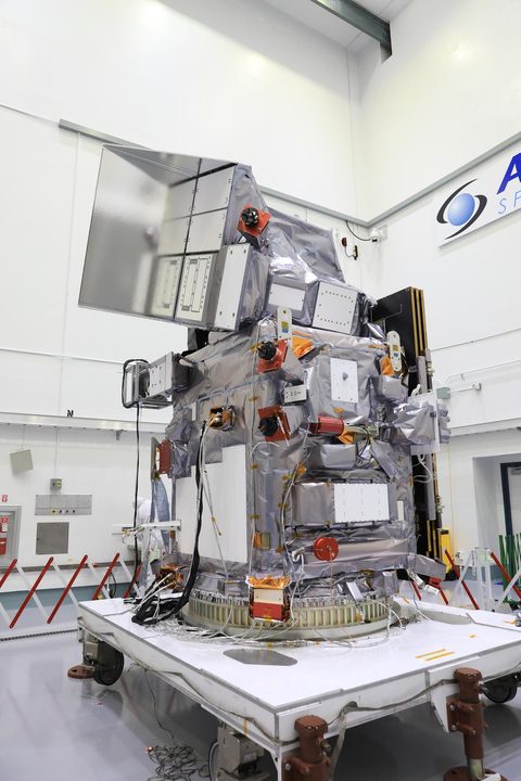 NASA’s Plankton, Aerosol, Cloud, ocean Ecosystem (PACE) observatory is inspected and processed on a spacecraft dolly in a high bay at the Astrotech Space Operations Facility near the agency’s Kennedy Space Center in Florida on Monday, Dec. 4, 2023.