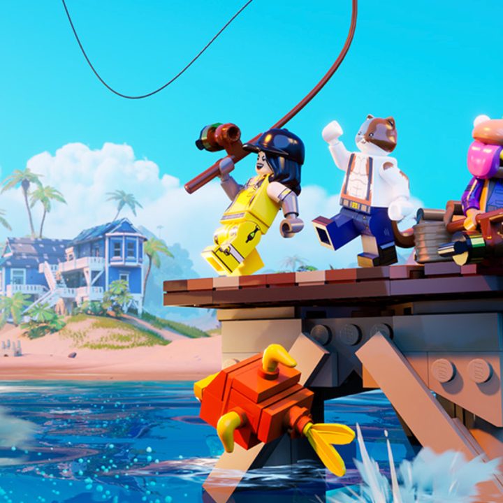 Characters fishing in LEGO Fortnite.