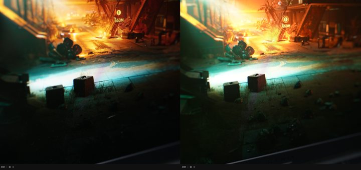 A scene in Cyberpunk 2077 compared on two mini-LED laptops.