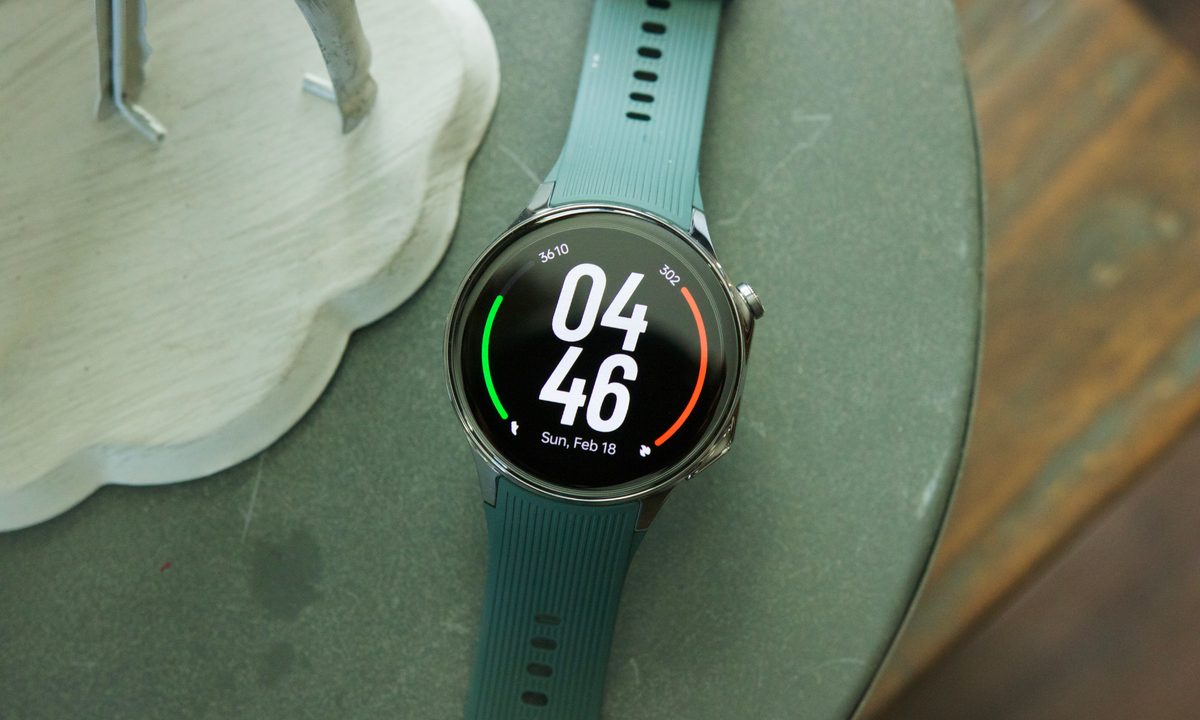 The OnePlus Watch 2 sitting on a chest.
