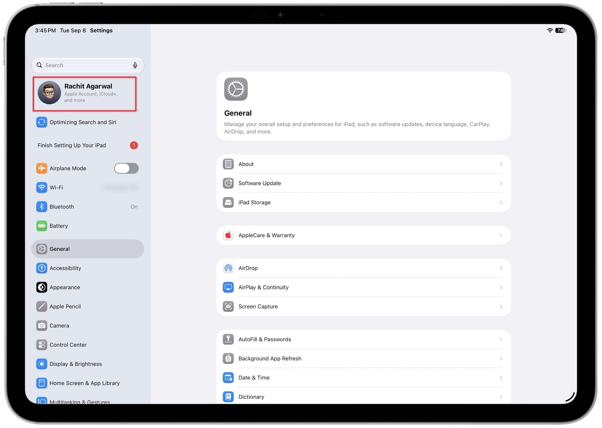 opening profile in settings