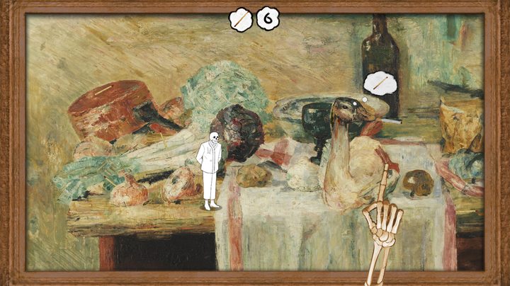 A skeleton touches a still life in Please, Touch the Artwork 2.