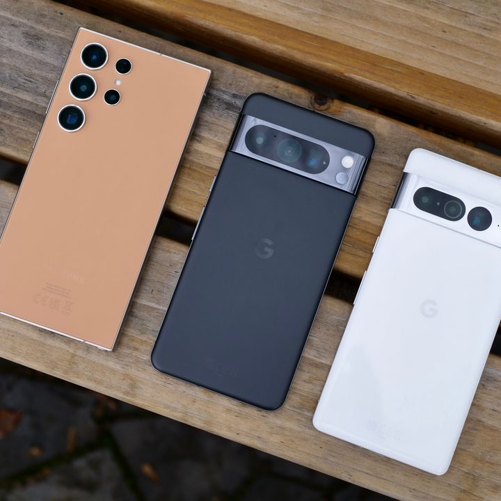 The back of the Samsung Galaxy S24 Ultra, Google Pixel 8 Pro, and Google Pixel 7 Pro.