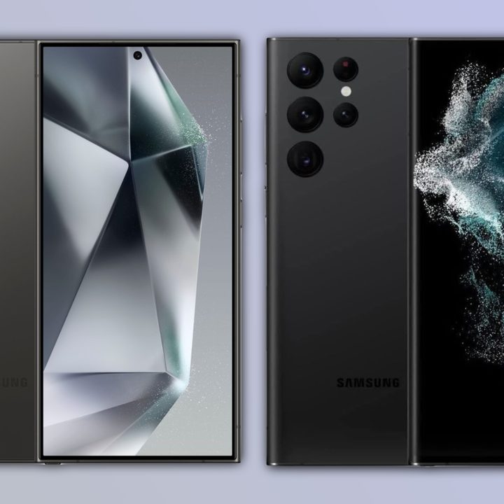 Renders of the Samsung Galaxy S24 Ultra and Galaxy S22 Ultra next to each other.