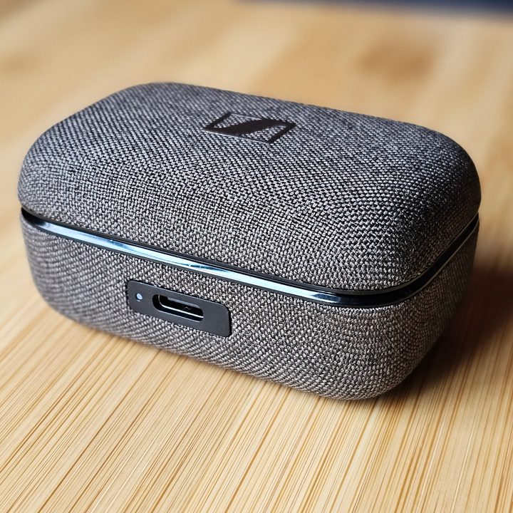 Sennheiser Momentum True Wireless 4 charging case, front.