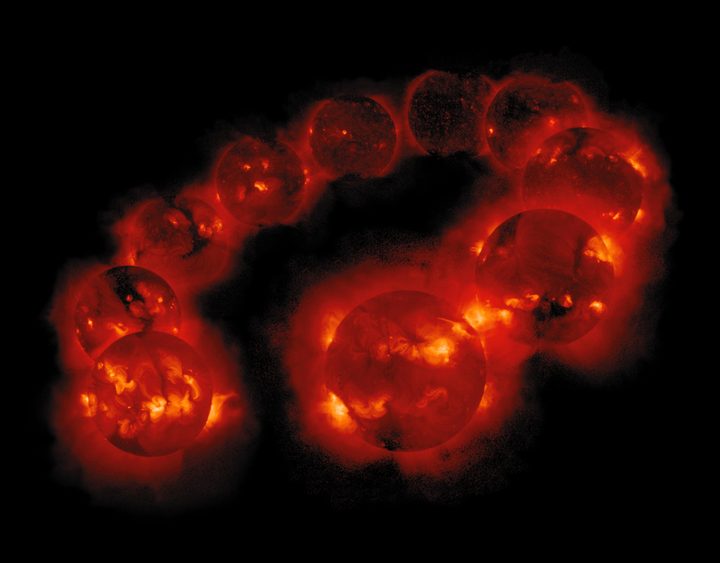 A collage of photos shows variations in the sun's activity levels over 10 years.
