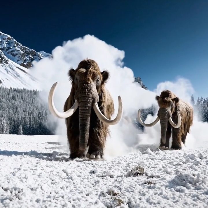 An AI image portraying two mammoths that walk through snow, with mountains and a forest in the background.