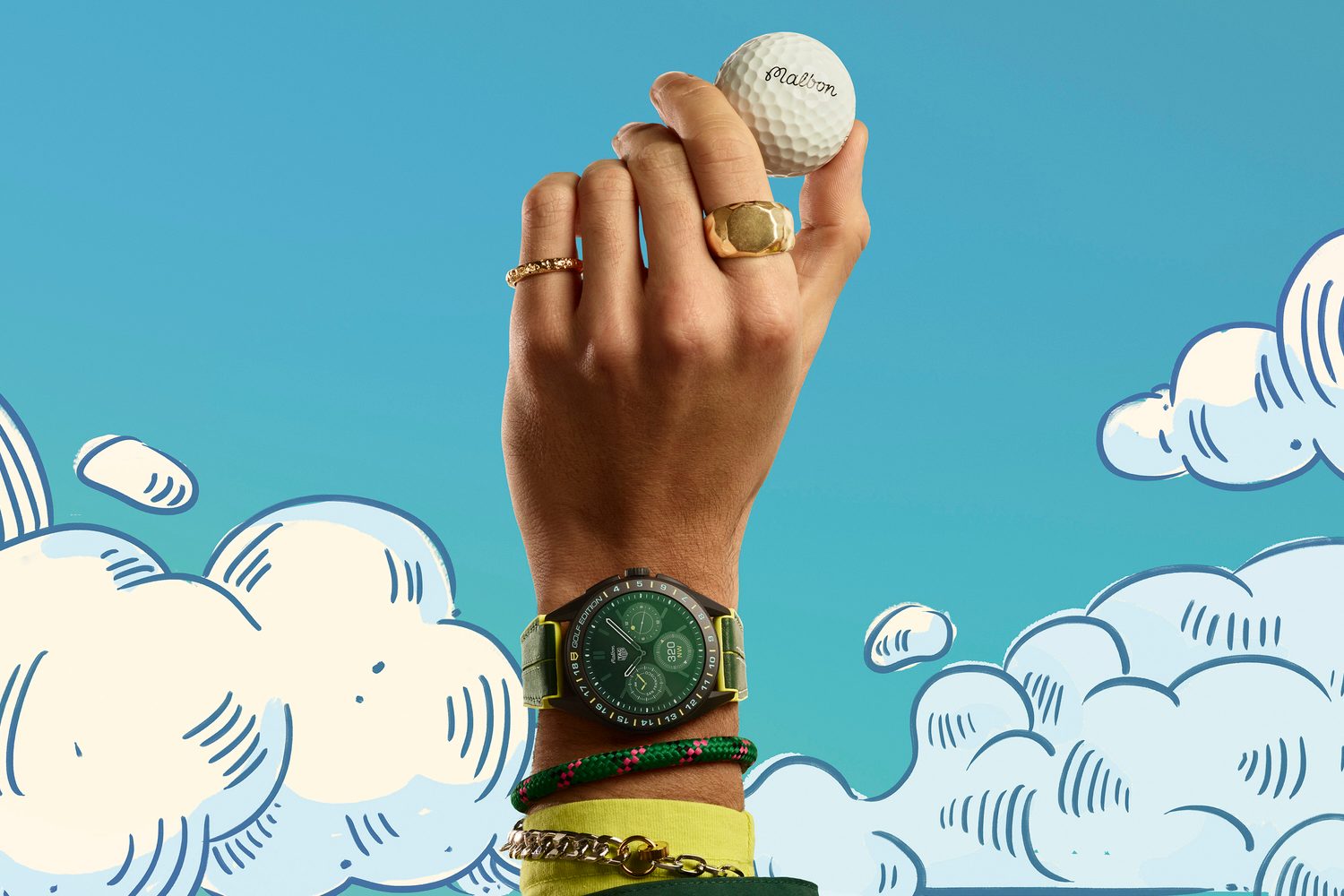 A Tag Heuer Connected Calibre E4 x Malbon Golf watch promotional image.