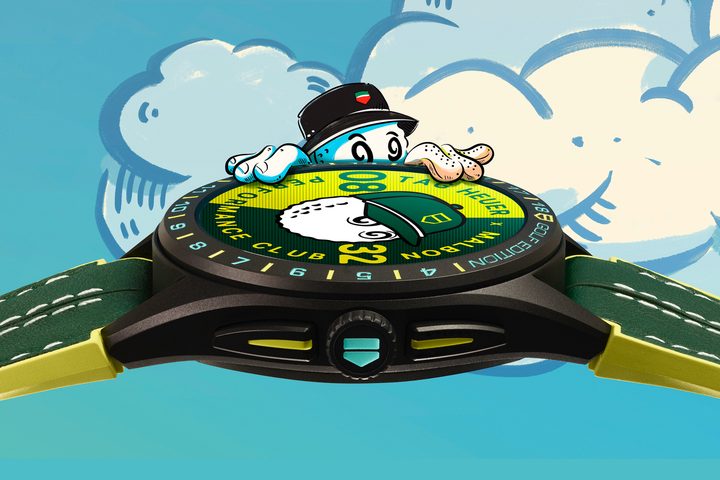 A Tag Heuer Connected Calibre E4 x Malbon Golf watch promotional image.