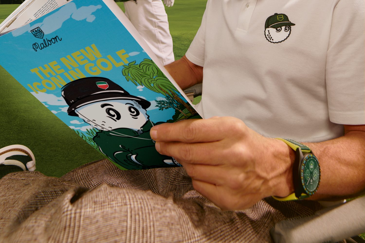 A Tag Heuer Connected Calibre E4 x Malbon Golf watch promotional image.