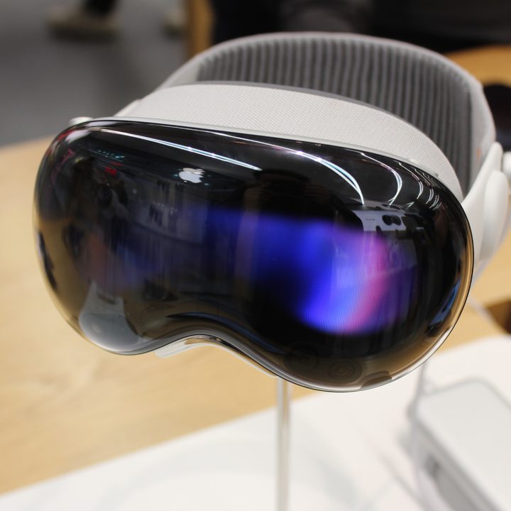 The front visor of the Vision Pro on display at an Apple Store.