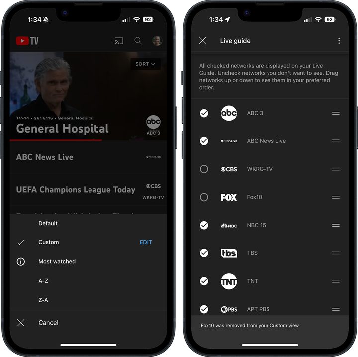 A custom channels sort on YouTube TV as seen on an iPhone.
