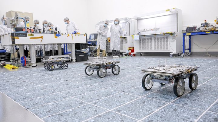 Part of NASA’s CADRE technology demonstration, three small rovers that will explore the Moon together show off their ability to drive as a team autonomously – without explicit commands from engineers – during a test in a clean room at the agency’s Jet Propulsion Laboratory in December 2023.