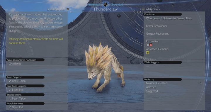 A thunderclaw monster bio in Final Fantasy 7 Rebirth.