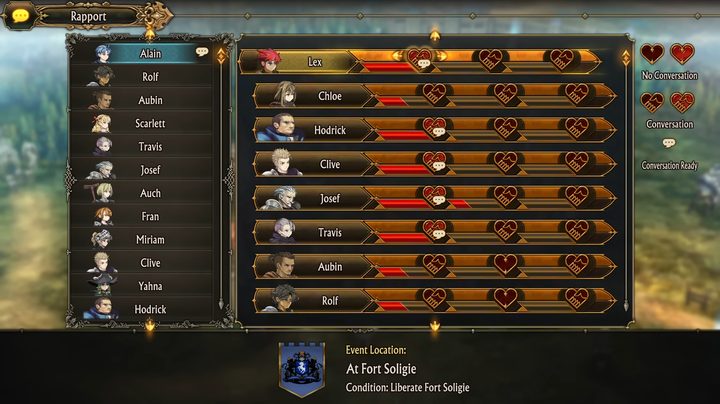 A rapport menu in Unicorn Overlord.