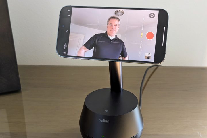 Belkin Stand Pro showing iPhone camera app with person being tracked.