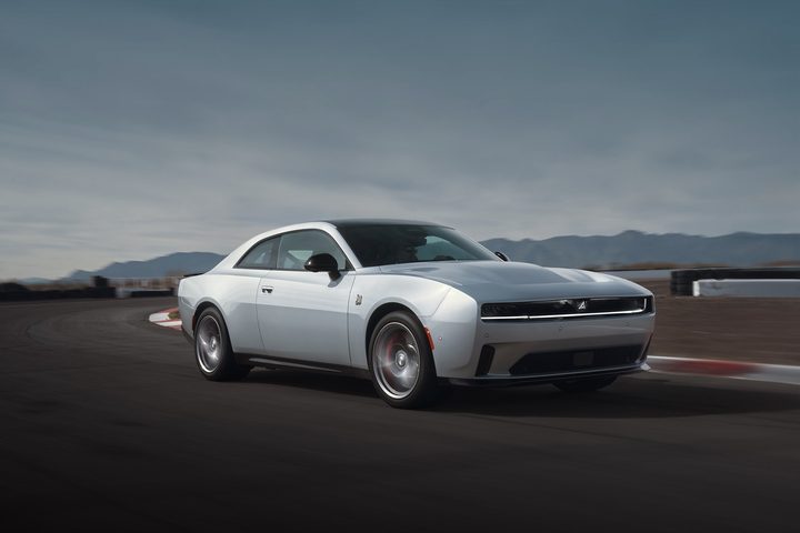 Front three quarter view of the 2024 Dodge Charger Daytona coupe.