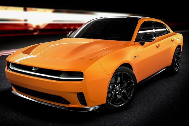 Front three quarter view of a 2024 Dodge Charger Daytona sedan.