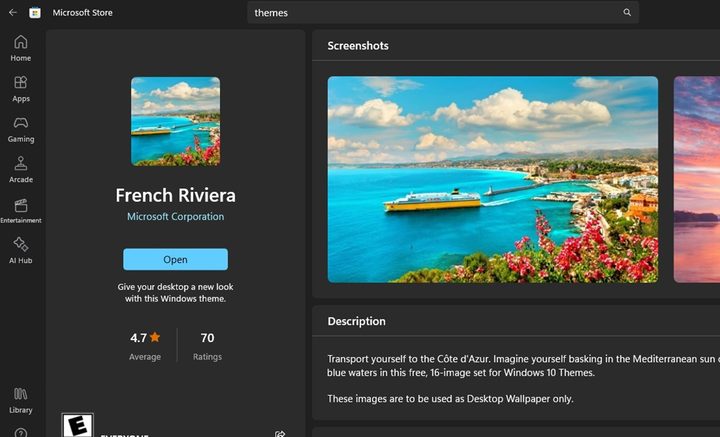 Screenshot showing French Riviera theme in Microsoft Store.