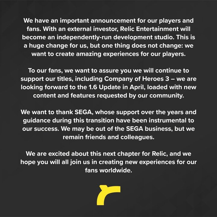 Relic Entertainment's message about going independent.