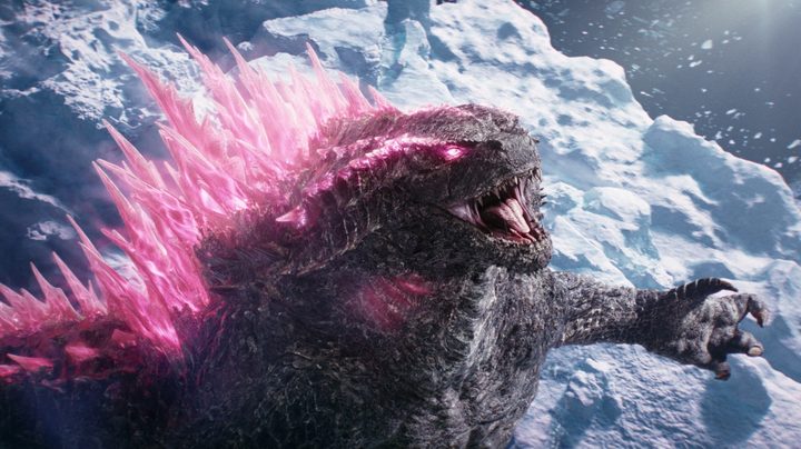 Godzilla glows pink and screams in a still from "Godzilla x Kong: The New Empire."
