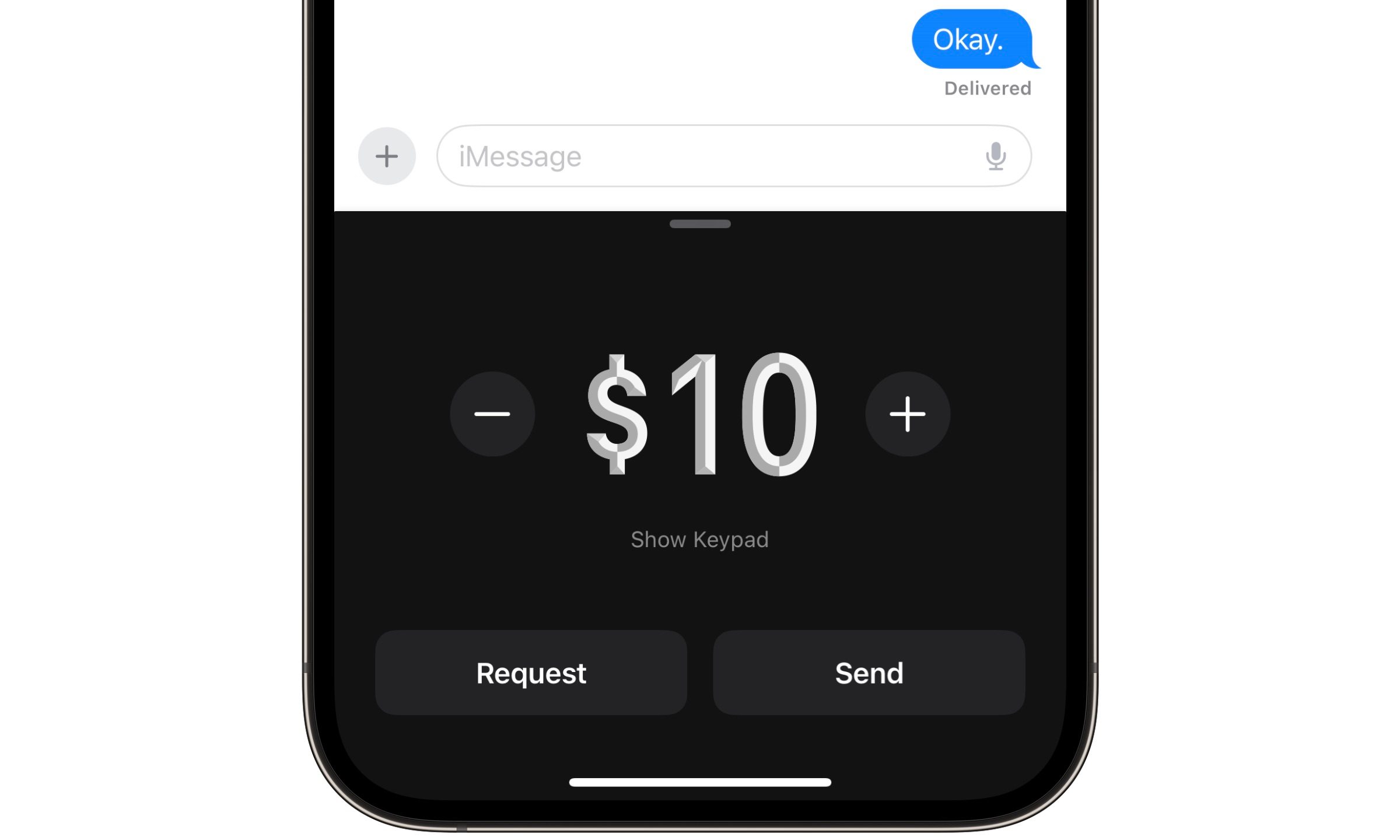 Sending $10 via Apple Cash in iPhone Messages app.