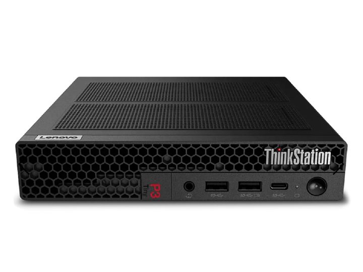 The Lenovo ThinkStation P3 Tiny Workstation, lying flat on its side.