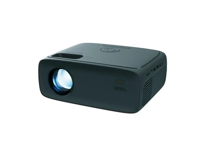 A turned-on Onn. Home Theater Projector.