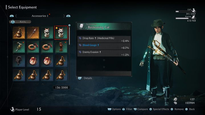 An accessory menu in Rise of the Ronin.